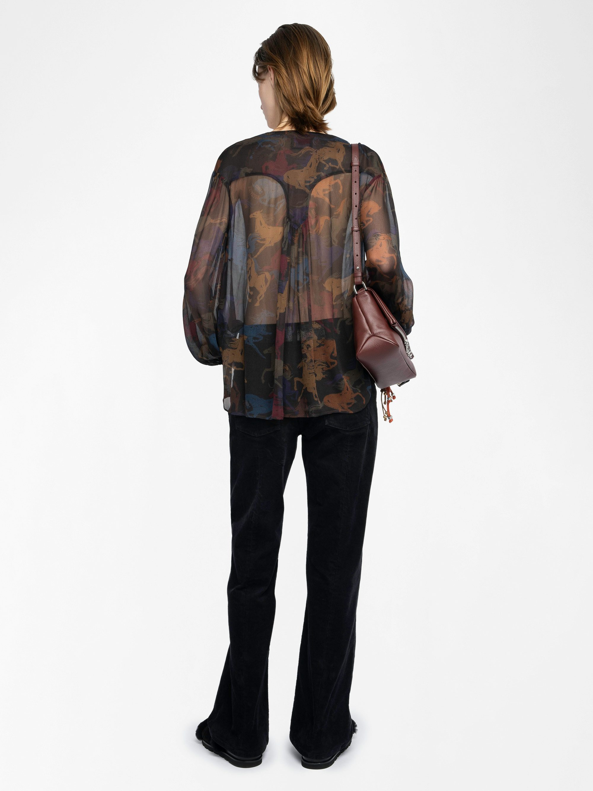 Tamela Shirt - Printed chiffon shirt with balloon long sleeves, western cut and lace-up neckline.
